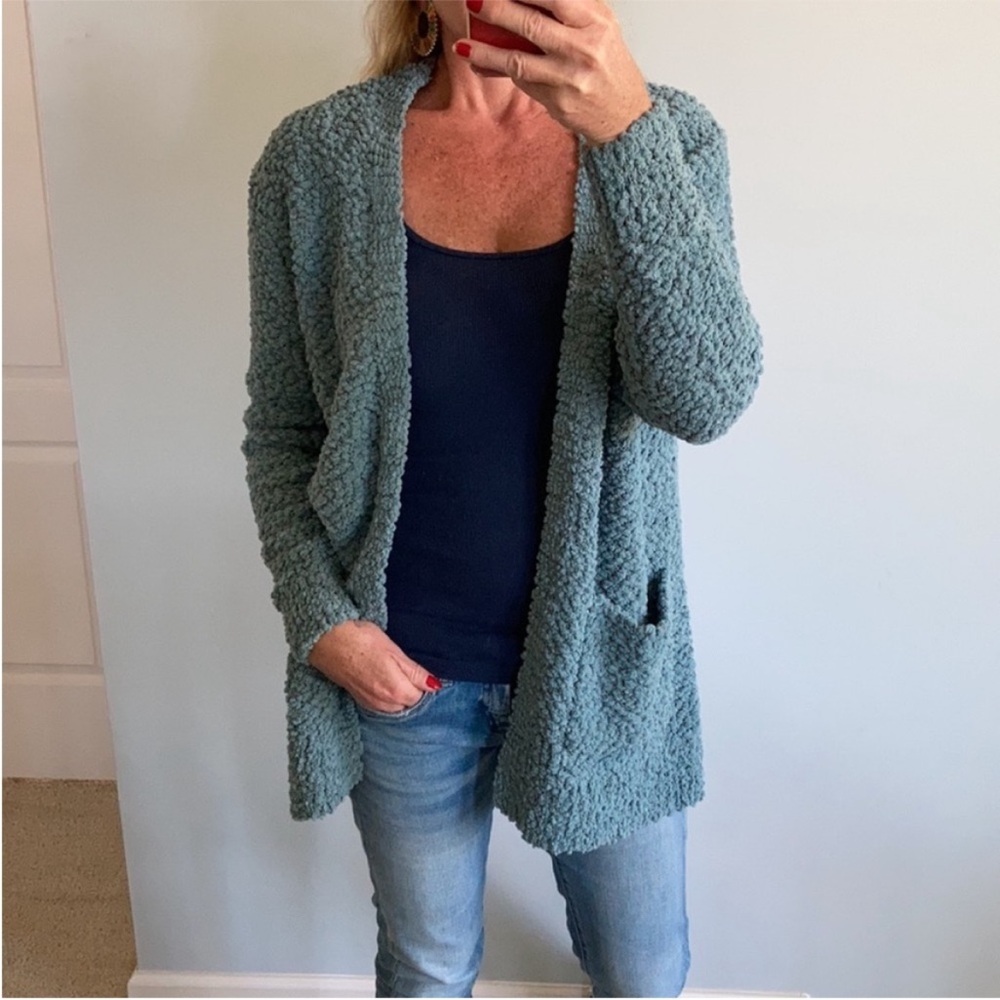 Blue/Green Color Popcorn Texture Open Cardigan